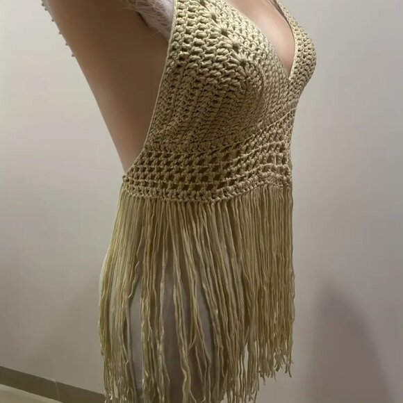 Beige Handmade Crochet Backless Halter Triangle Top With Fringes - Picture 4 of 6